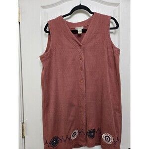 Vtg. Croquet Club Top Vest Women's LARGE Terracotta 100% Cotton Boho Embroidered